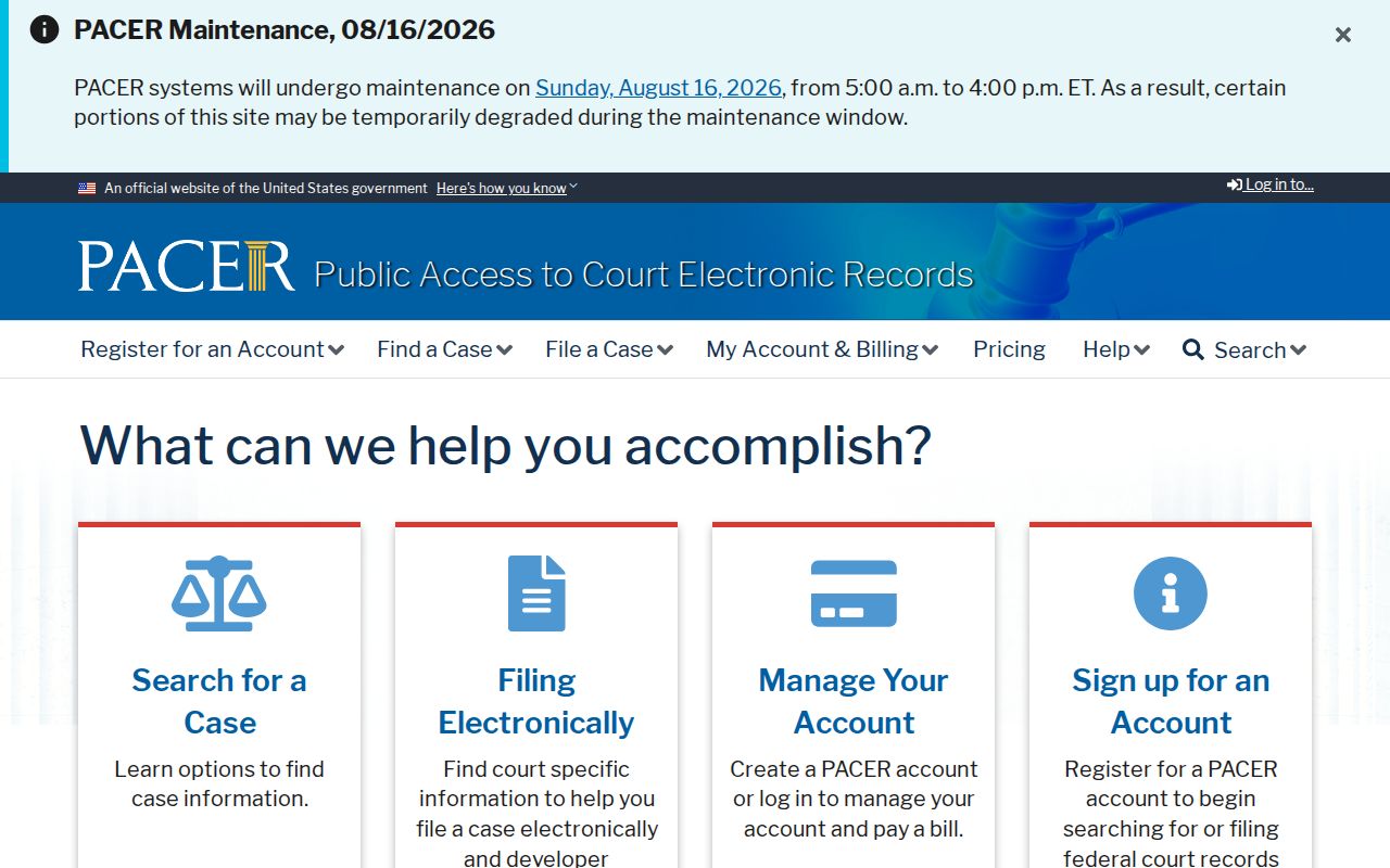 Opelika previous residents federal PACER search page